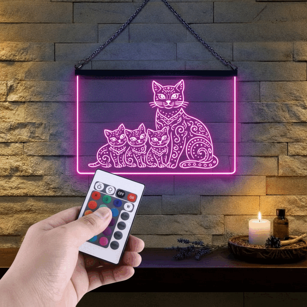 Enseigne Lumineuse Tribale Famille Chat 60 x 40 cm
