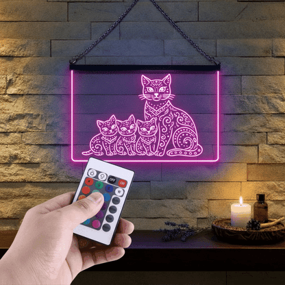 Enseigne Lumineuse Tribale Famille Chat 60 x 40 cm